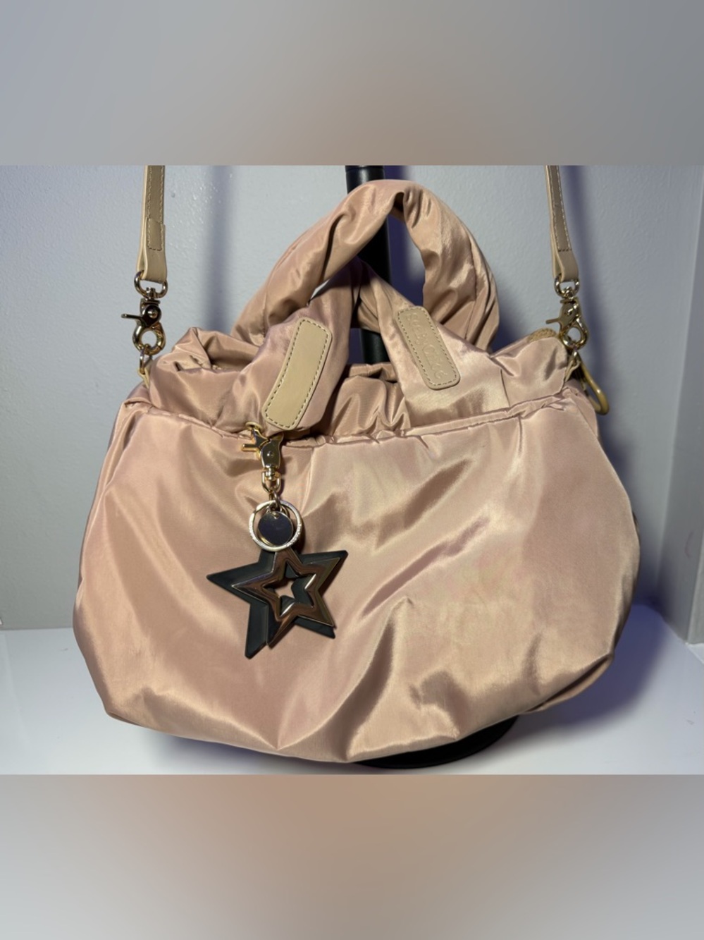 See by Chloe Satin Light Pink Tote Bag with Star Charm and Crossbody strap.